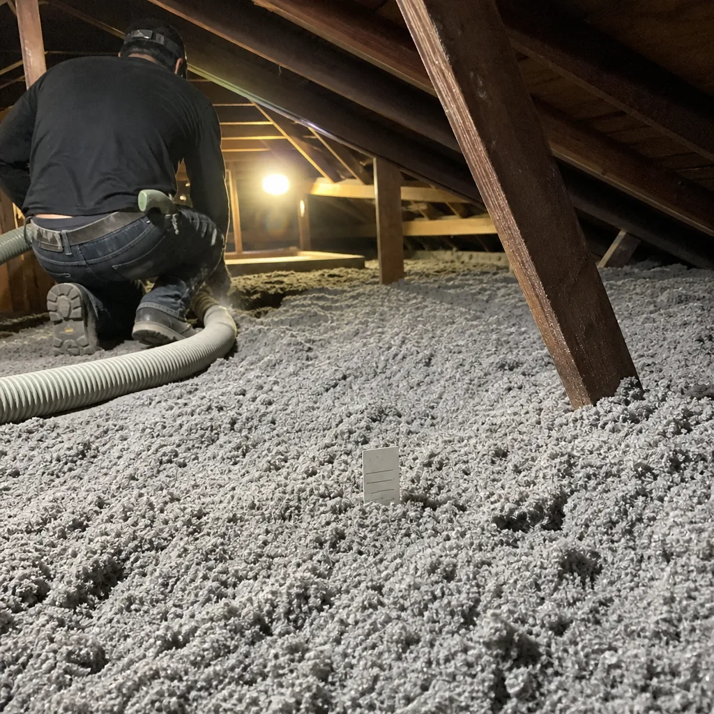 Professional technician installing blown-in cellulose insulation in an attic