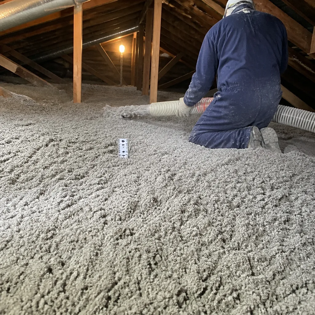 professional installing blown-in cellulose insulation into a ceiling