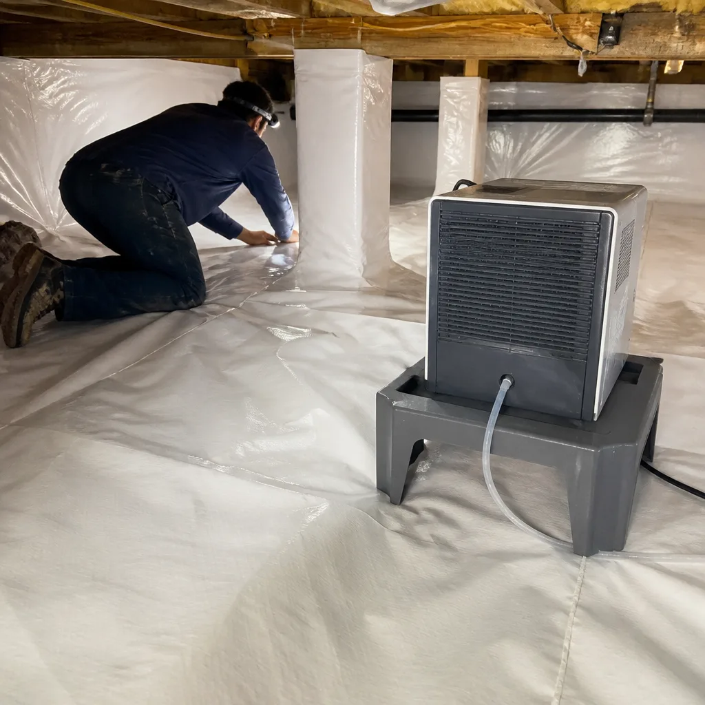 Technician installing crawl space encapsulation and vapor barrier with dehumidifier system in West Hollywood, CA