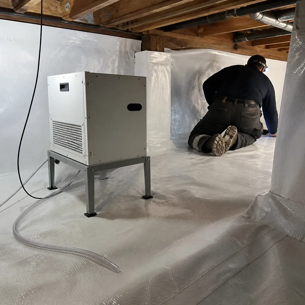 Technician performing crawl space encapsulation and vapor barrier installation in West Hollywood, CA