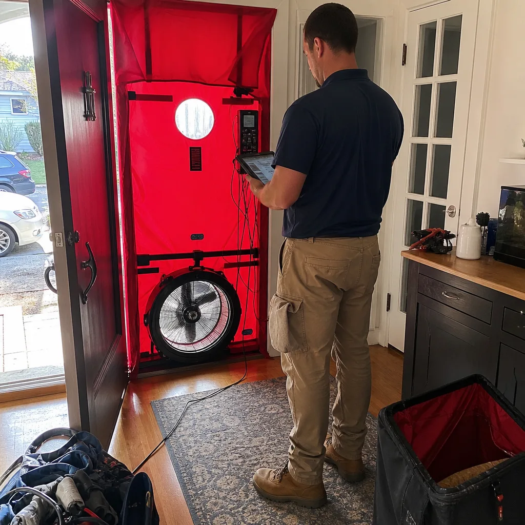 Home energy auditor using a thermal camera to inspect ceiling insulation in West Hollywood, CA