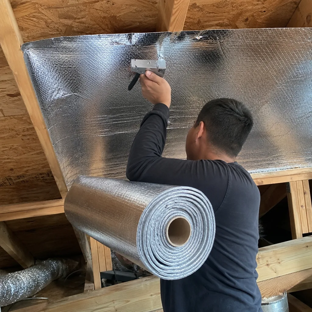 Contractor installing reflective radiant barrier insulation in an attic in West Hollywood, CA