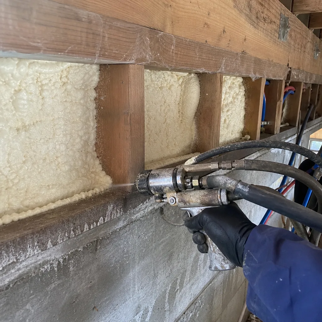 Professional applying spray foam insulation between wooden basement floor joists